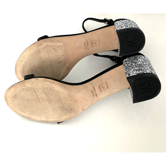 Stuart Weitzman Simplemid Ankle Strap Sandal Black Open Toe Glitter Bloc… - Picture 8 of 8